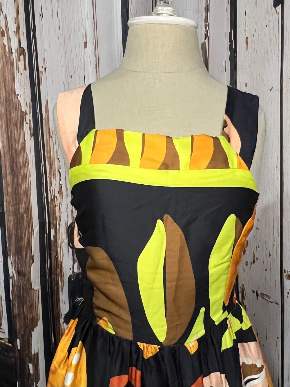 entro Black Midi Dress with Neon Green and Mustard Print - Picture 2 of 8